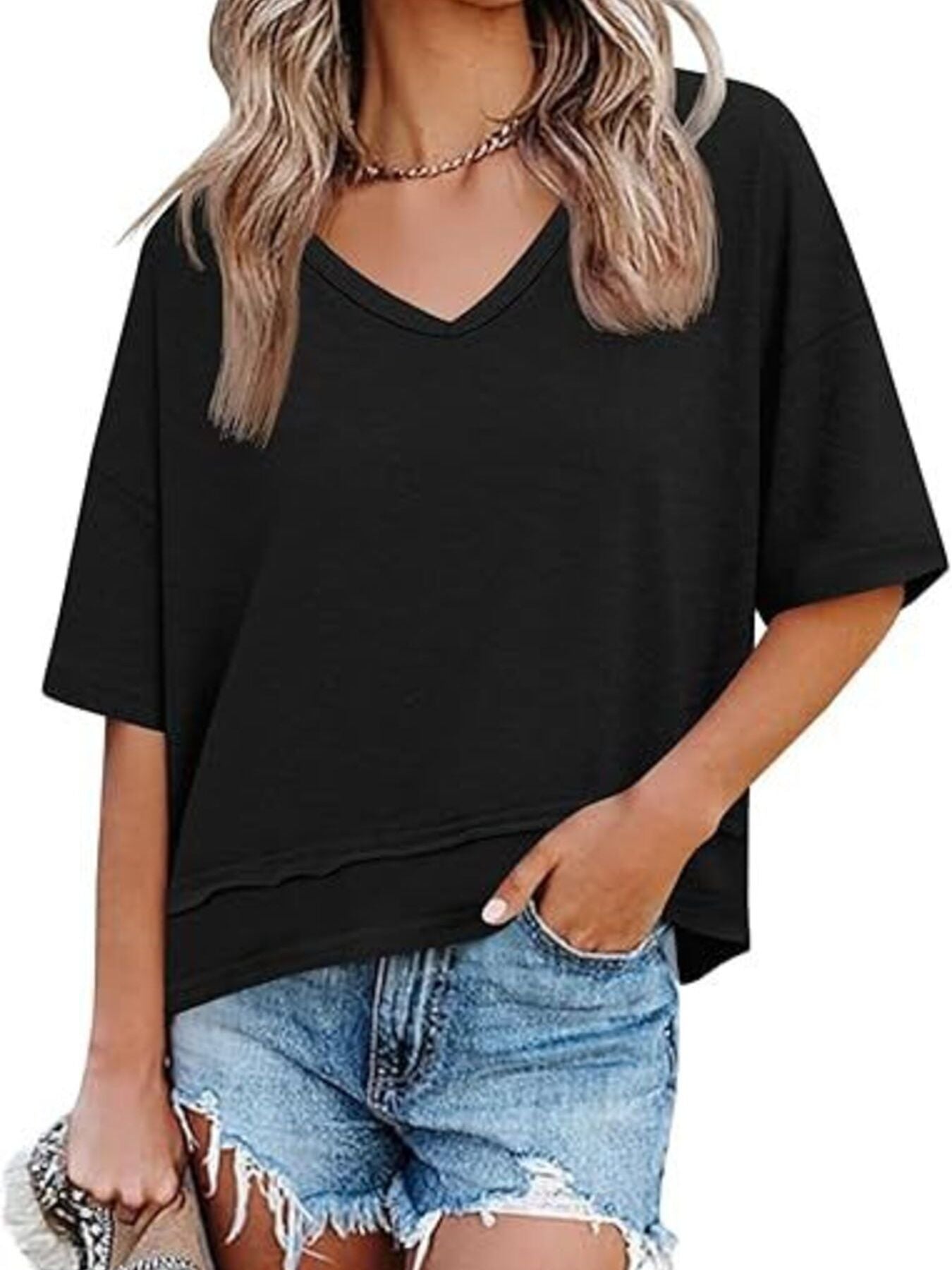 V-Neck Relaxed Fit Solid Color T-Shirt