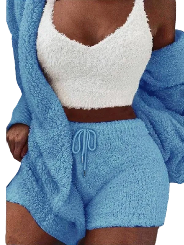 Women's Solid Color Plush Three-piece Pyjama Set