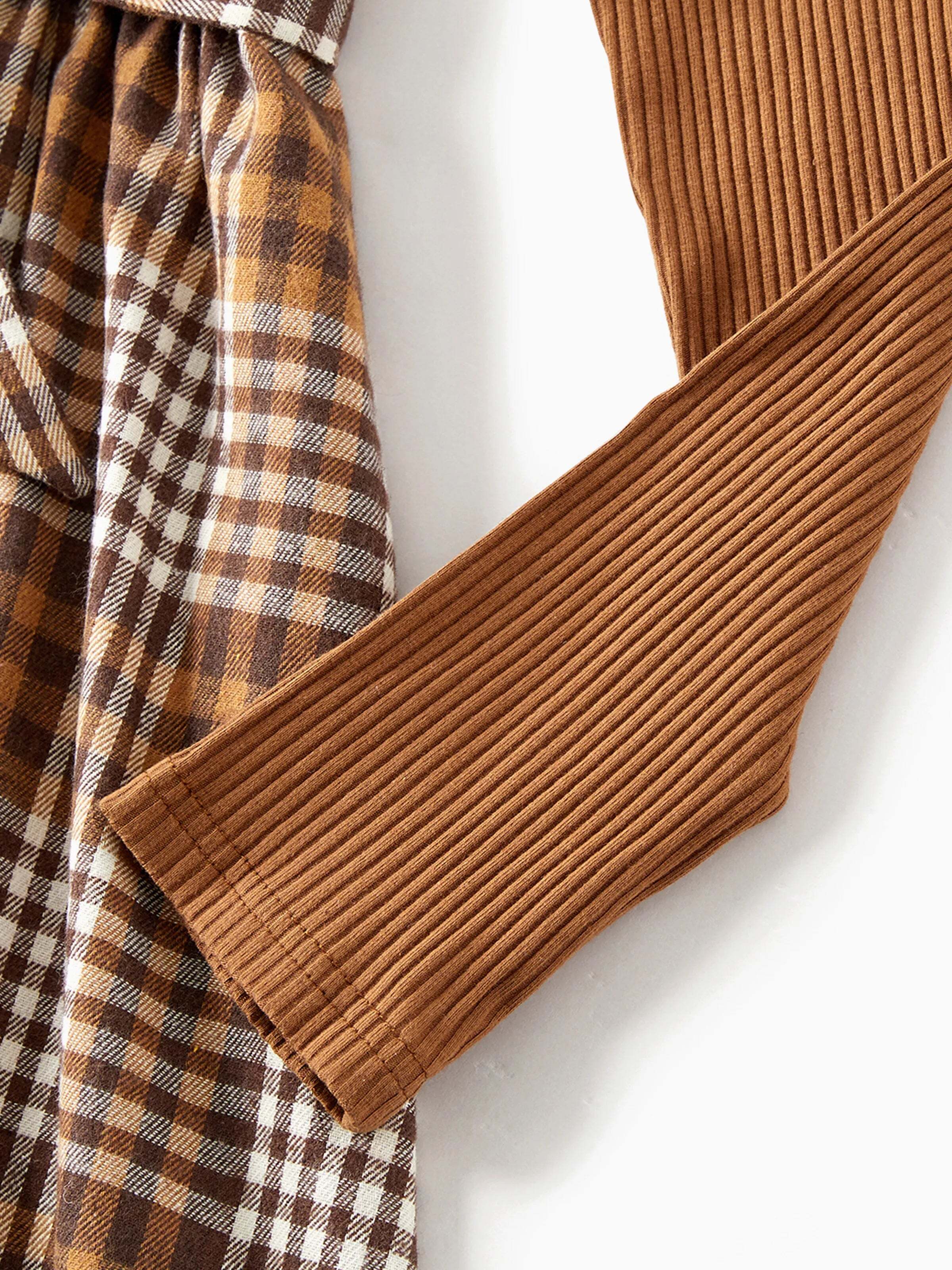 Family Matching Coffee Ribbed Spliced Plaid Belted Dresses and Long-sleeve Colorblock Tops Set Coffee