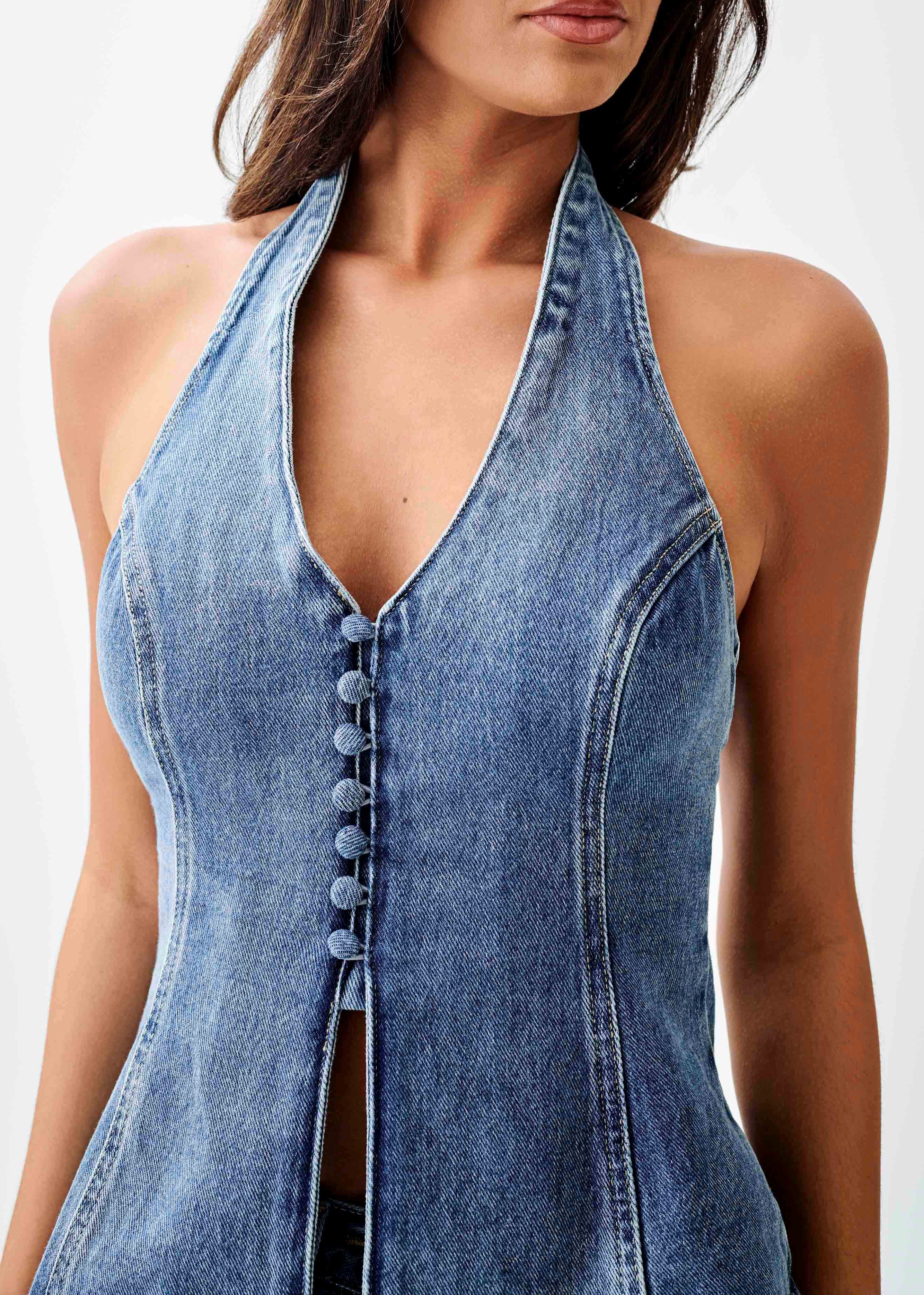 Blue Button Front Halter Denim Longline Top