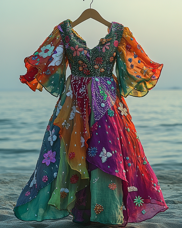 Summer Vacation Colorful Floral Sequins Beaded Ruffle Dress 6997