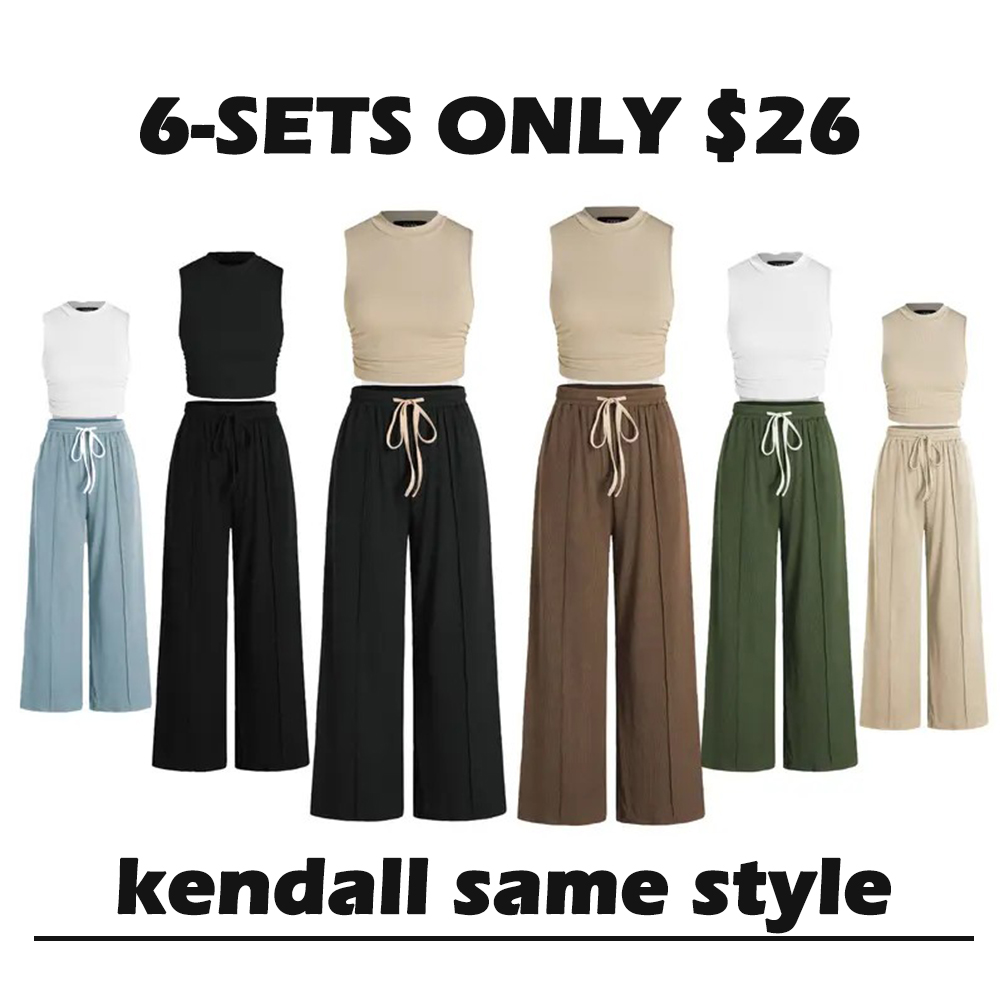 kendall same style Women's 2-Piece Ruched Tank Top and Elastic Waist Tie Trousers Set – Casual Lounge Outfit, 6 Colors