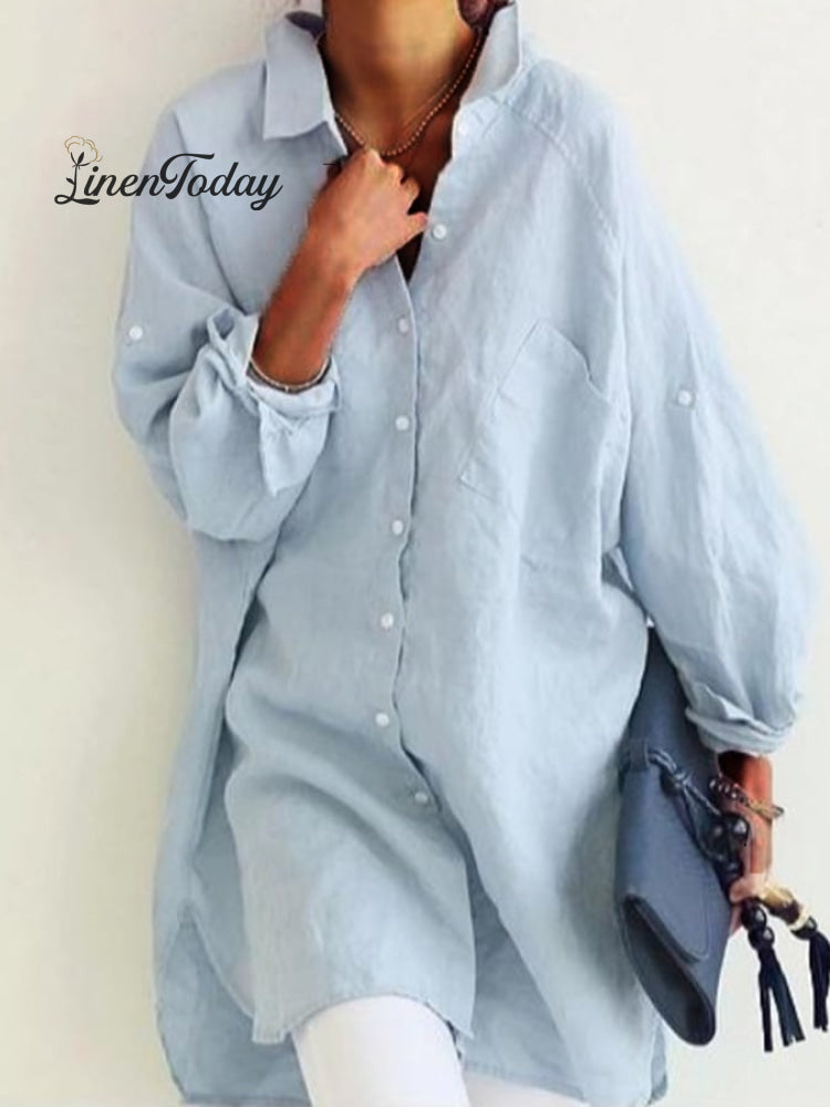 Women's Cotton Linen Pocket Casual Shirt Skirt