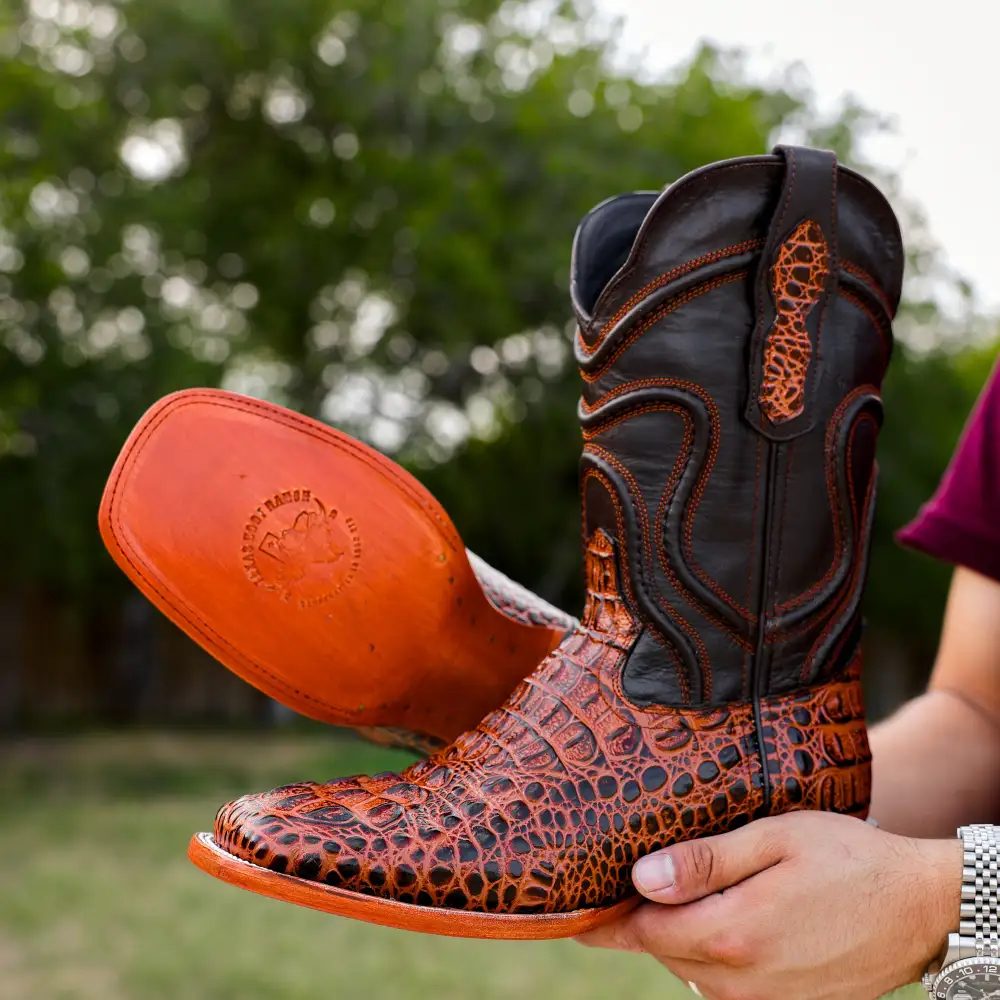 Cognac Caiman Neck Leather Boots - Square Toe