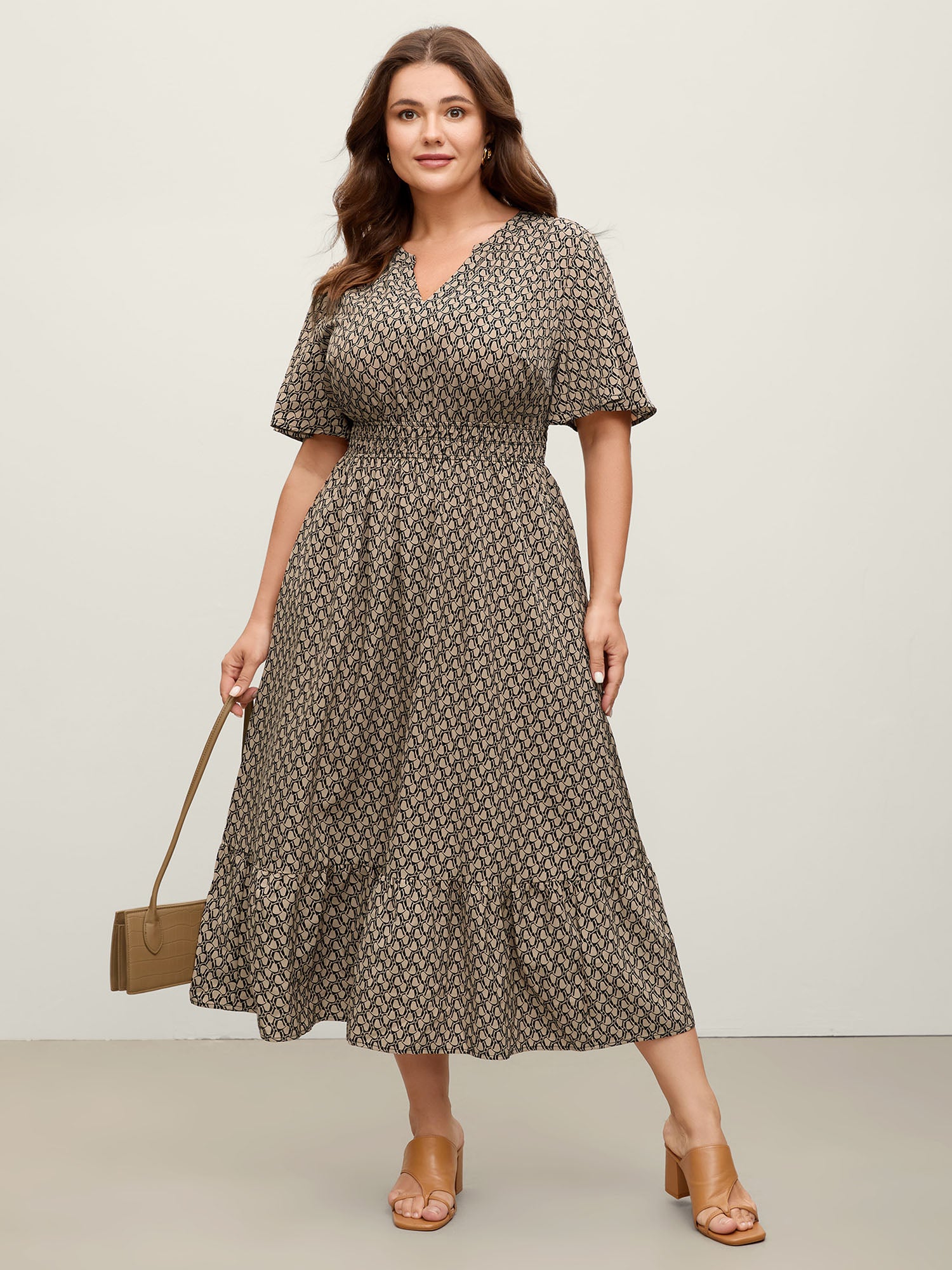 Geometric Print Waist-Cinched Tiered Midi Dress