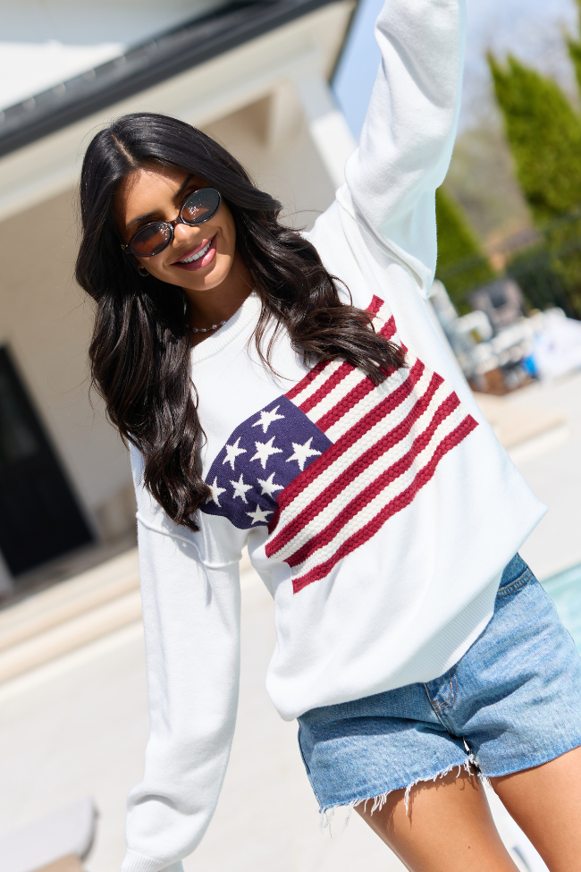 Home Of The Free Ivory Textured Flag Sweater