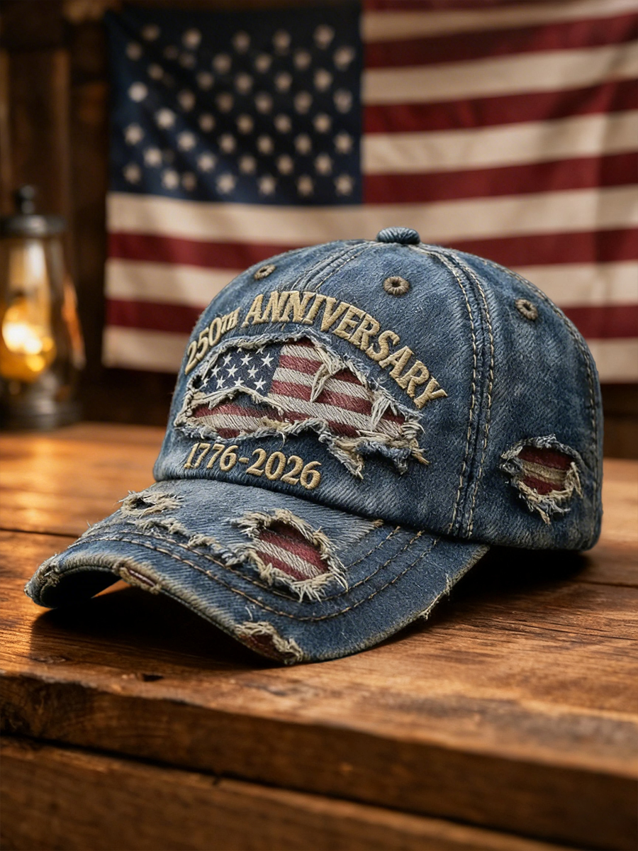 Vintage Distressed Denim USA 250th Anniversary Flag Baseball Cap