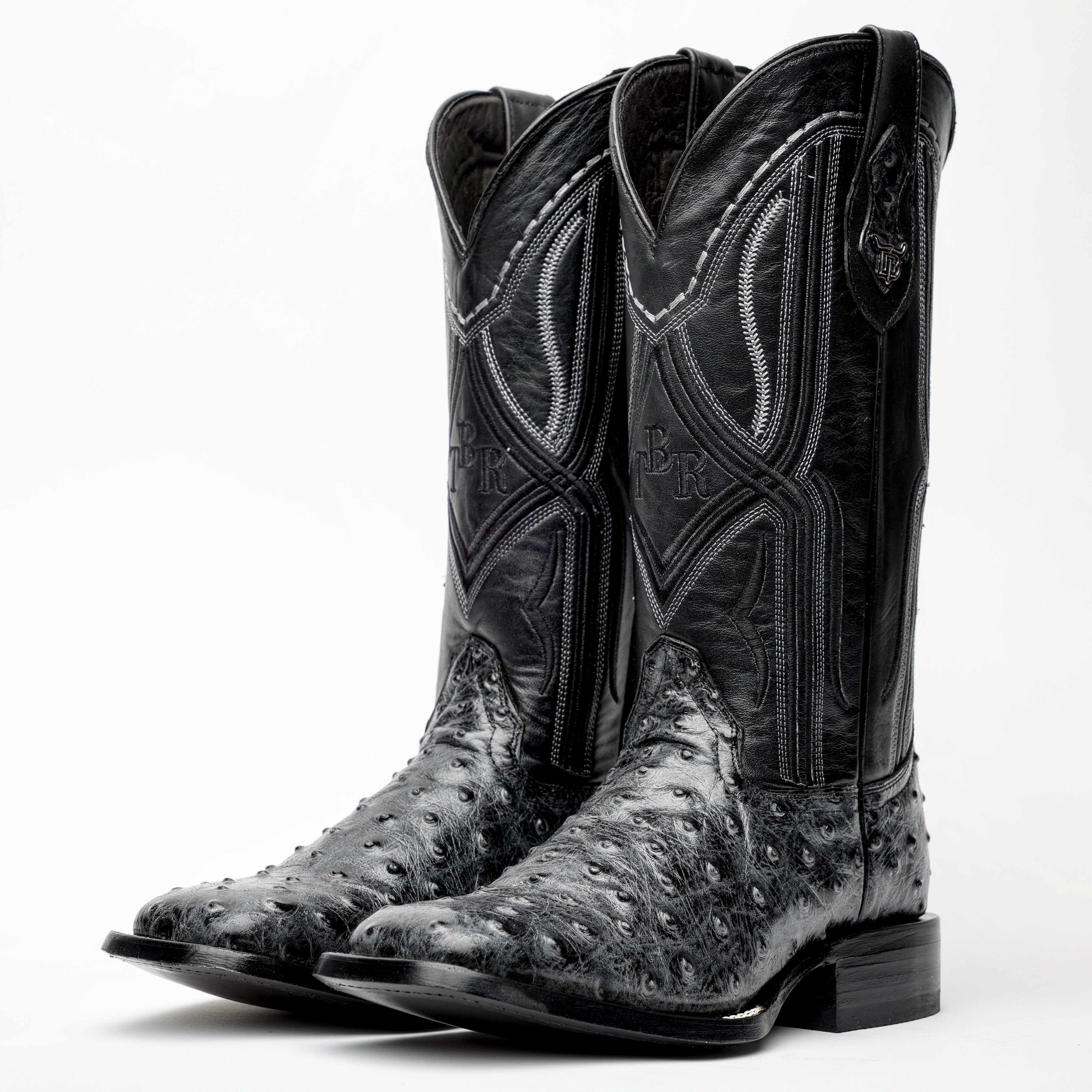 Grey Ostrich Leather Boots - Square Toe