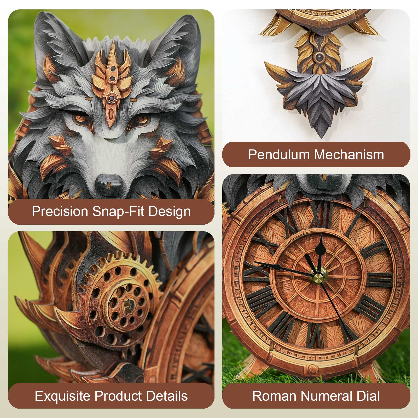 Gray Wolfâ€“ DIY Wooden Clock, 3D Puzzle Craft Kit