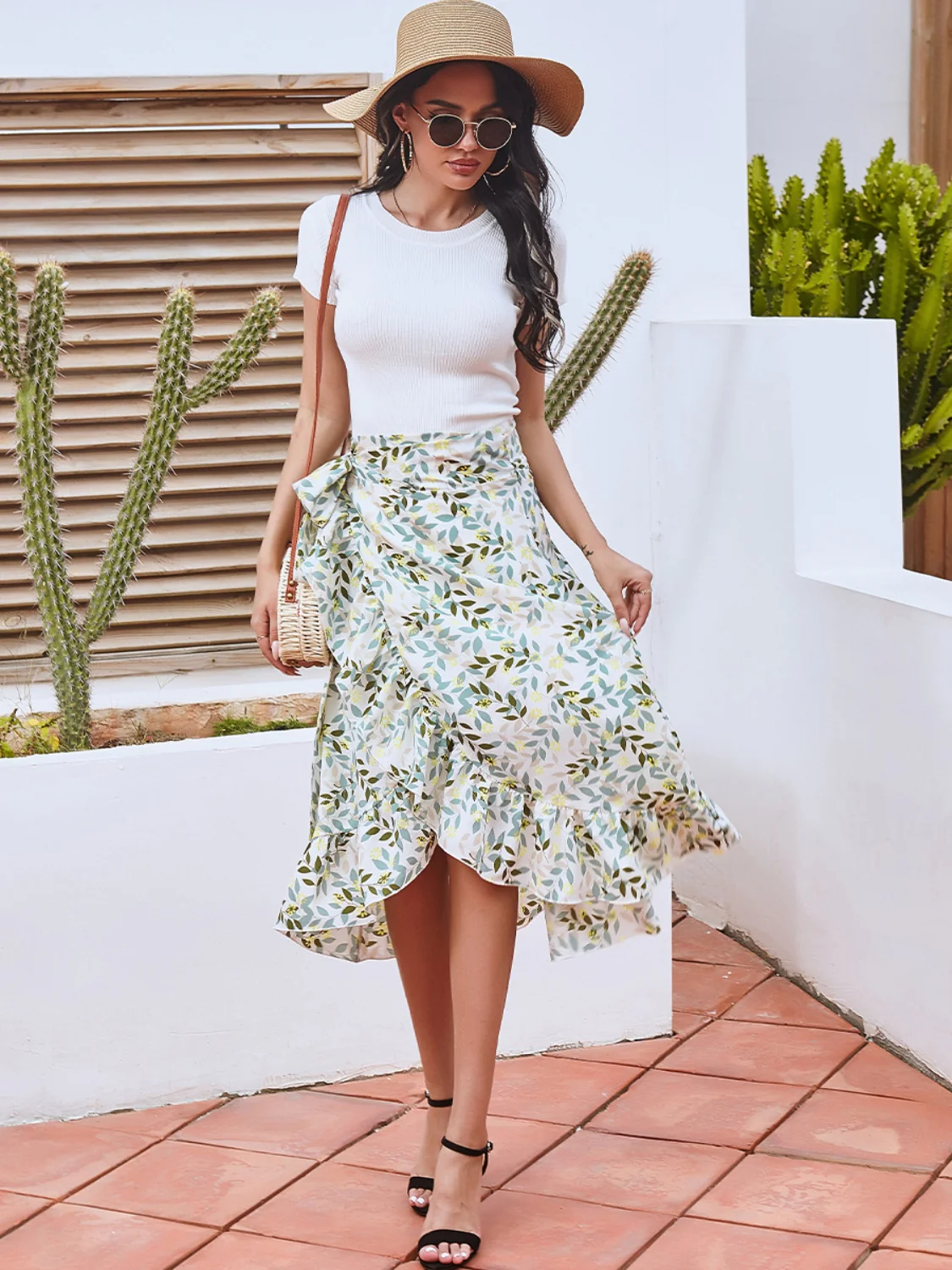 Printed Ruffled Midi Skirt (multiple color options)