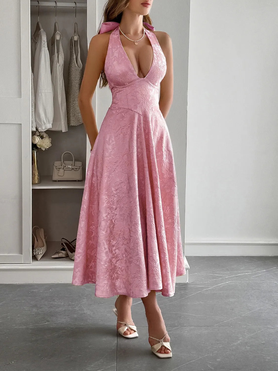 Halter Neck Midi Dress with Pockets