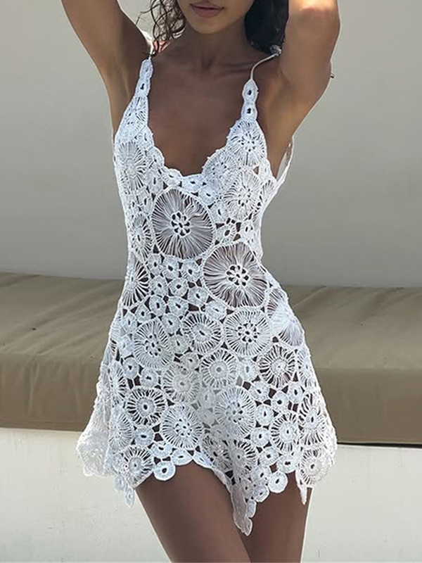 Flower Hollow Sleeveless Paghetti-Neck Backless Vacation Beach Cover-Ups Mini Dresses