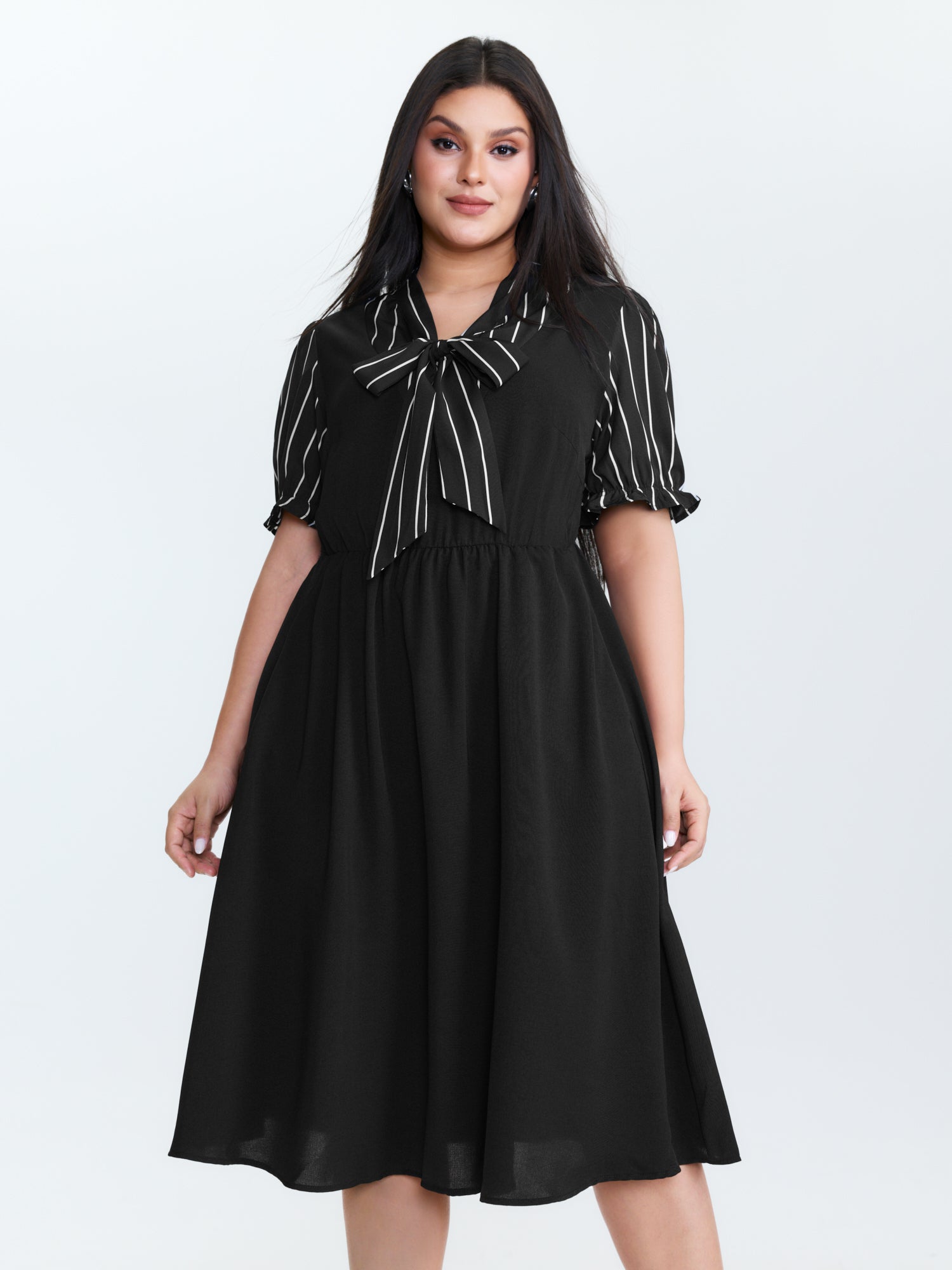 Striped Ribbon Neckline Contrast Midi Dress