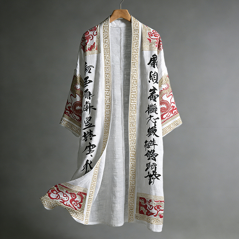 Men's Japanese Dragon Pattern Calligraphy And Painting Art Linen Long Kimono