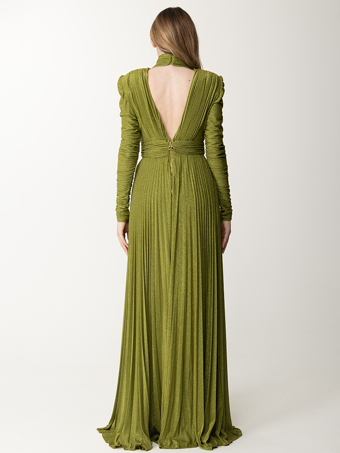 Long Sleeves Pleated Solid Color Split-Side V-Back High-Neck Evening Dresses Maxi Dresses