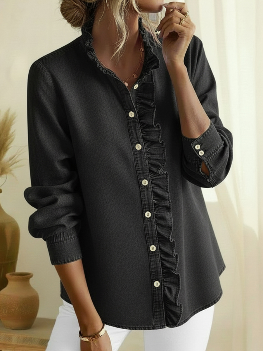 Elegant Lace-collared Denim Shirt Top