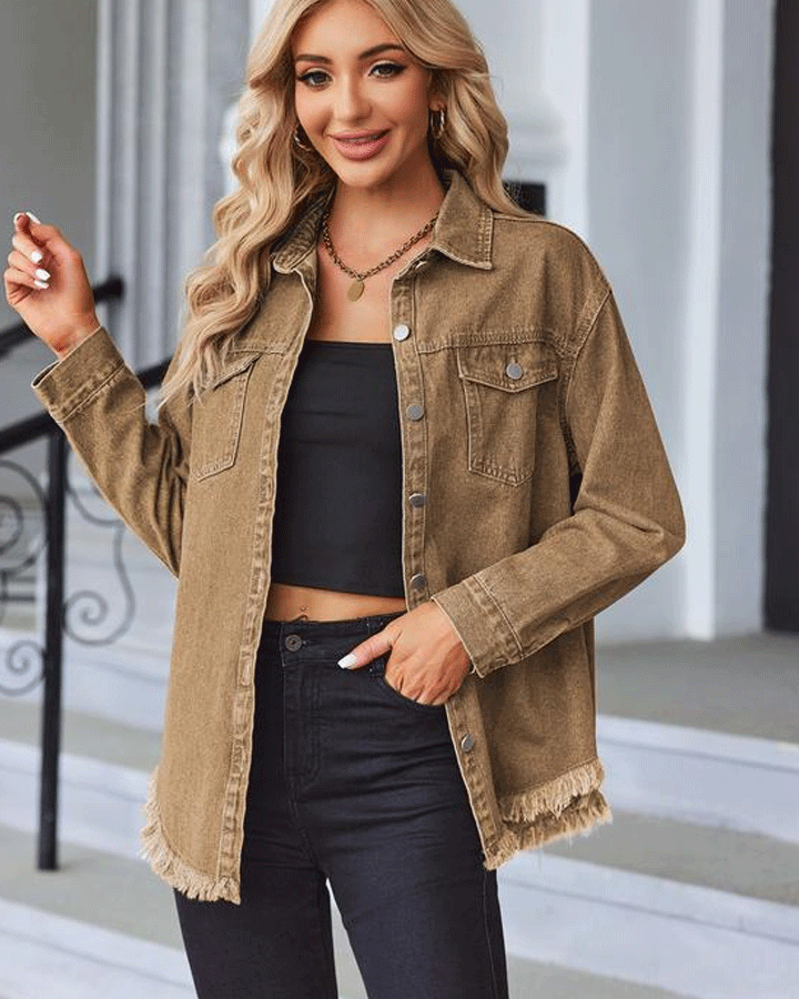Jean Jackets for Women Ripped Fringe Denim Jean Jacket