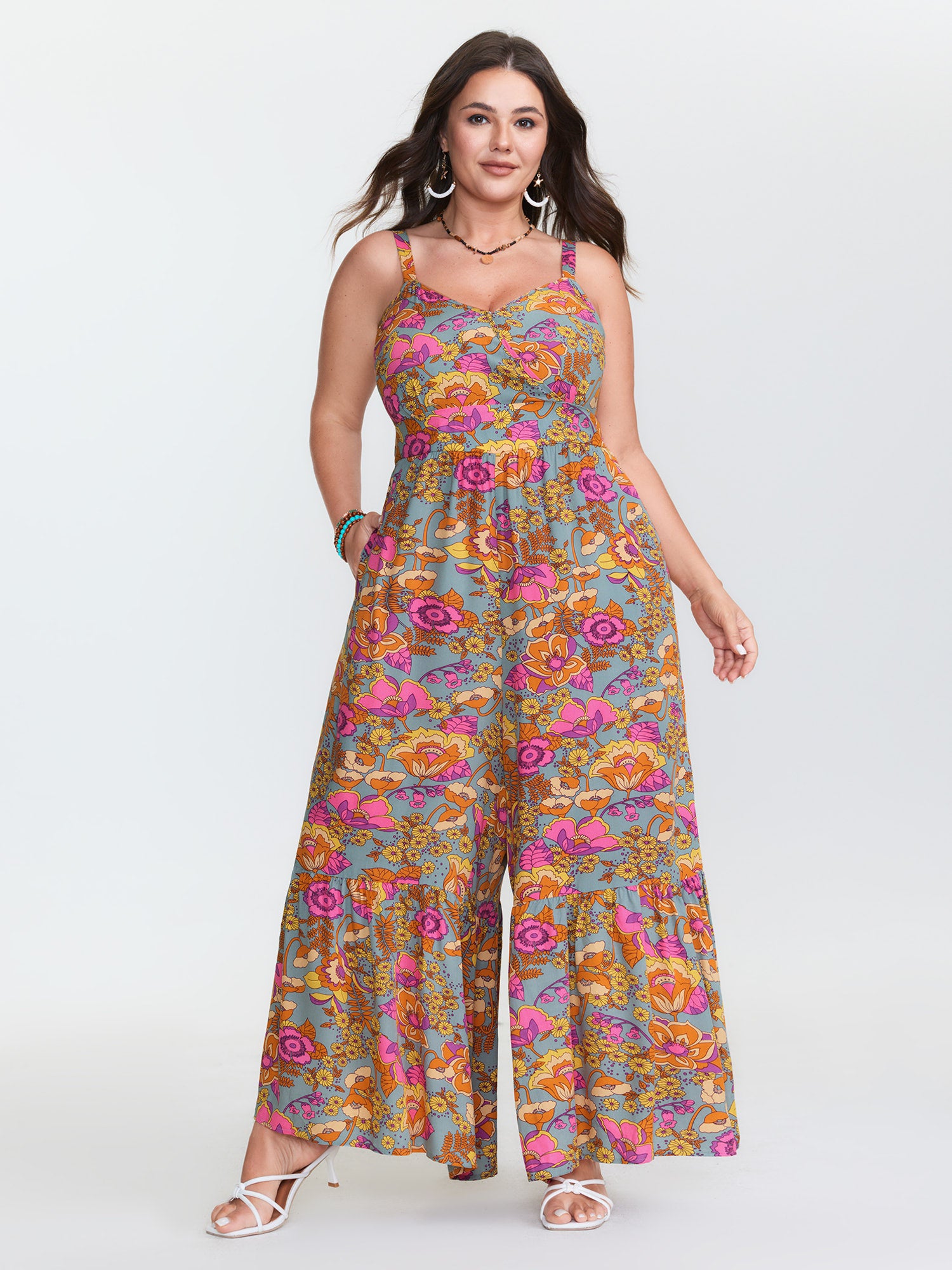 Floral Print Shirred Cami Jumpsuit
