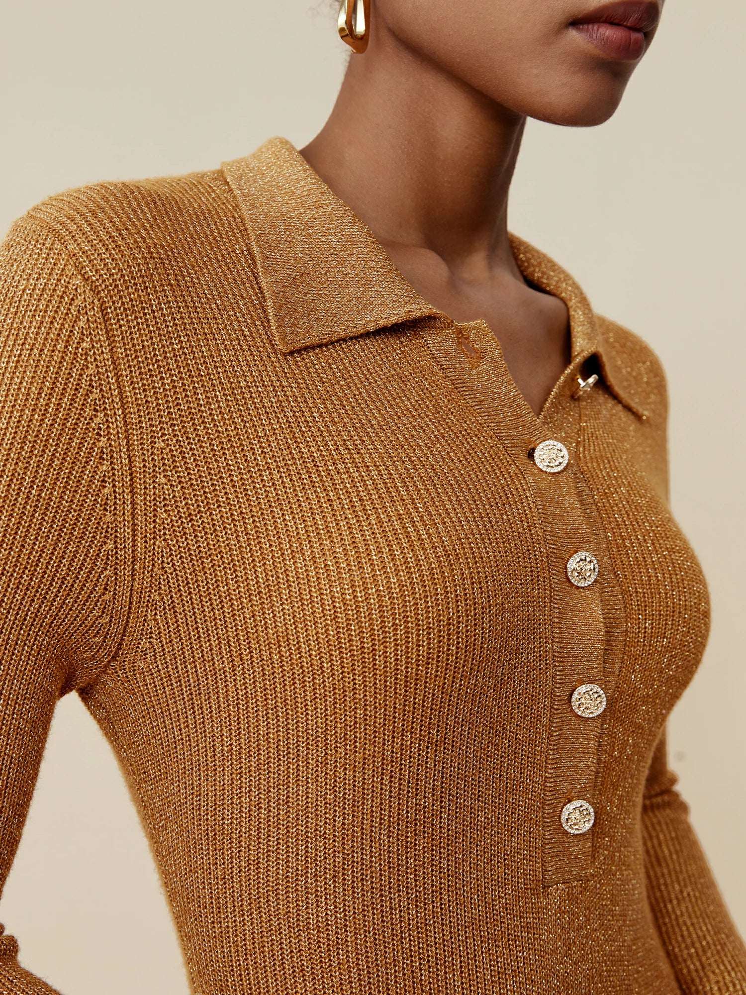 Lapel Long Sleeve Fish Tail Gold Yarn Dress