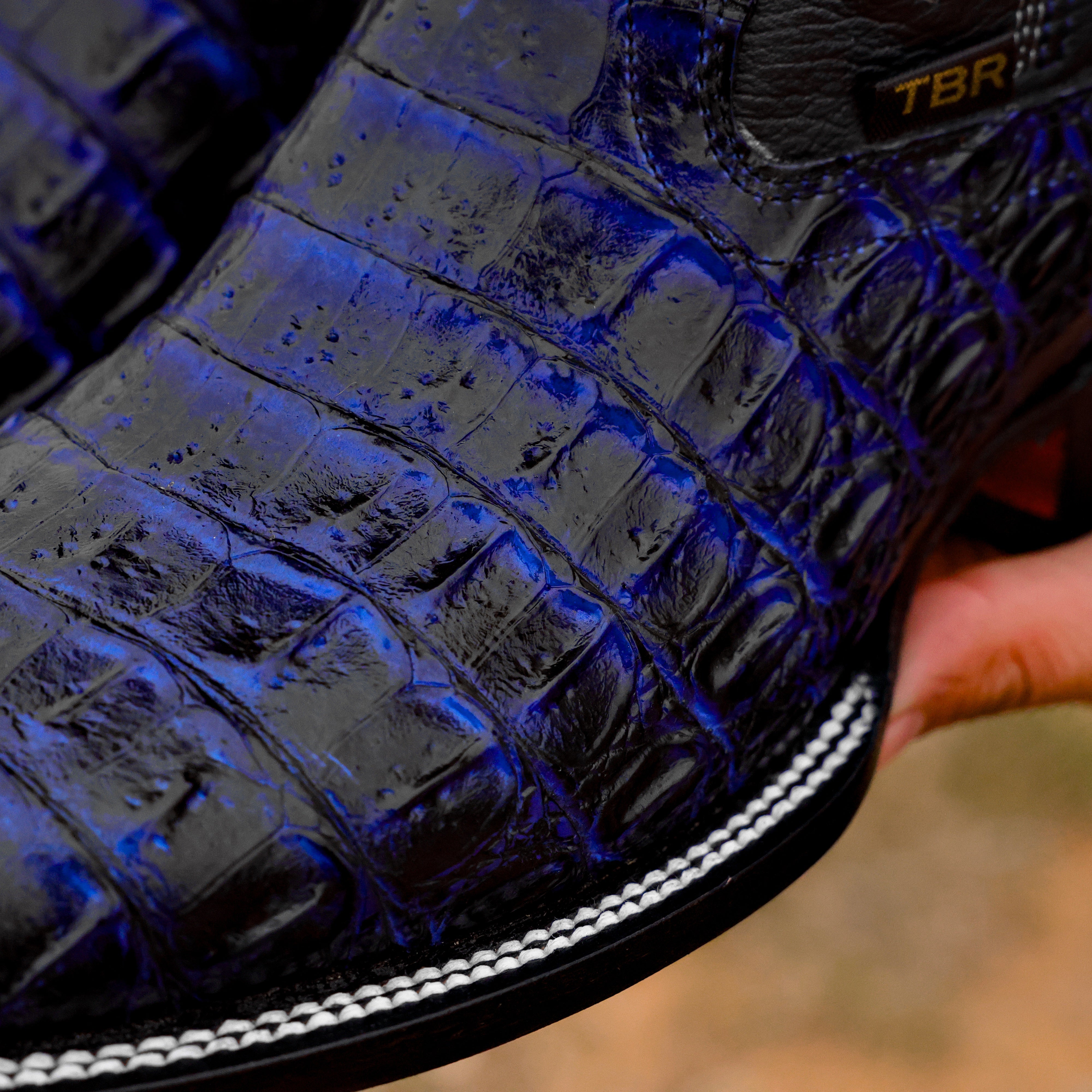 Black/Royal Blue Caiman Hornback Leather Boots - Square Toe