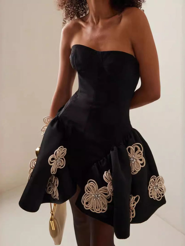 Black Floral Bandage A-Line Mini Dress With Tutu