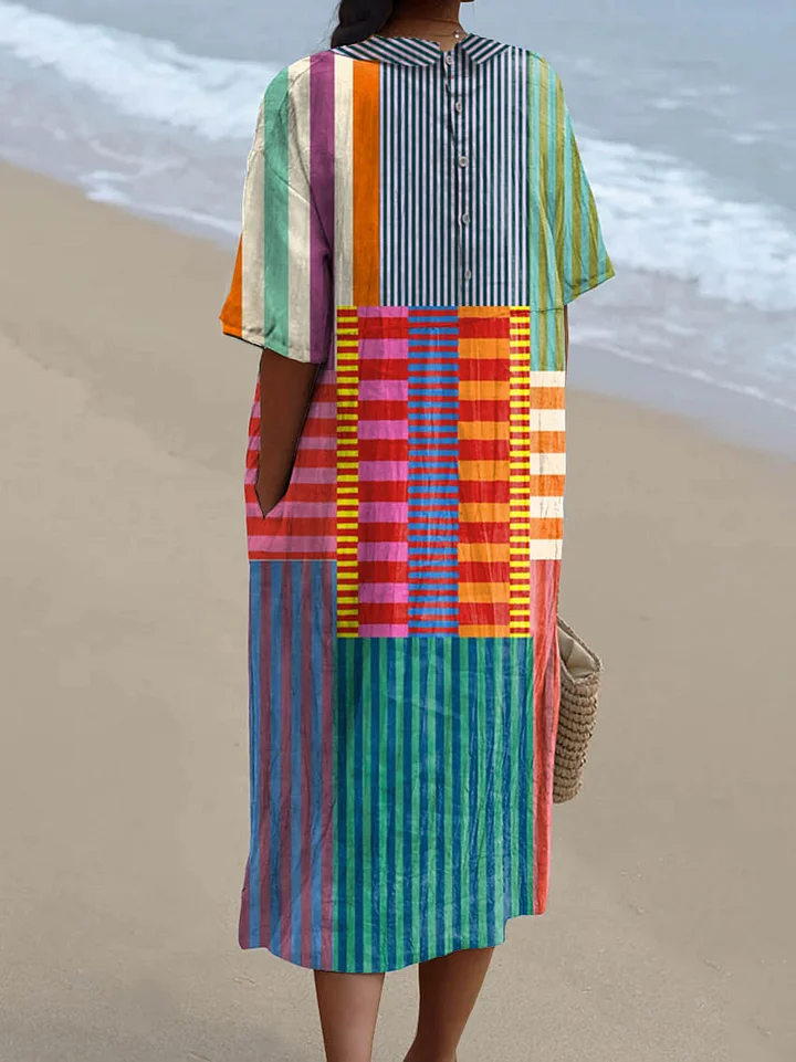 Women’s Colorful Patchwork Striped Cotton Linen 3/4 Sleeve Shirt