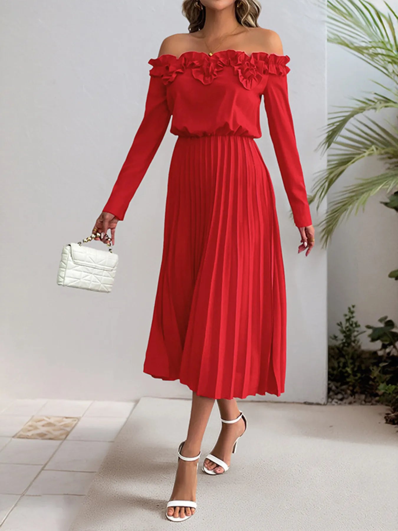 Off-Shoulder Ruffle Pleated Midi Dress