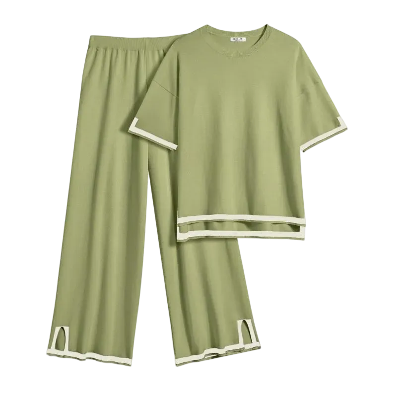 Women’s 2-Piece Knit Lounge Set – Short Sleeve Top & Wide-Leg Pants