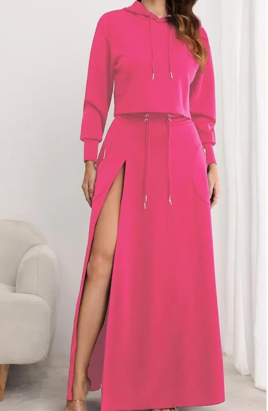 Women's Solid Drawstring Hoodie & Split Thigh Skirt Set