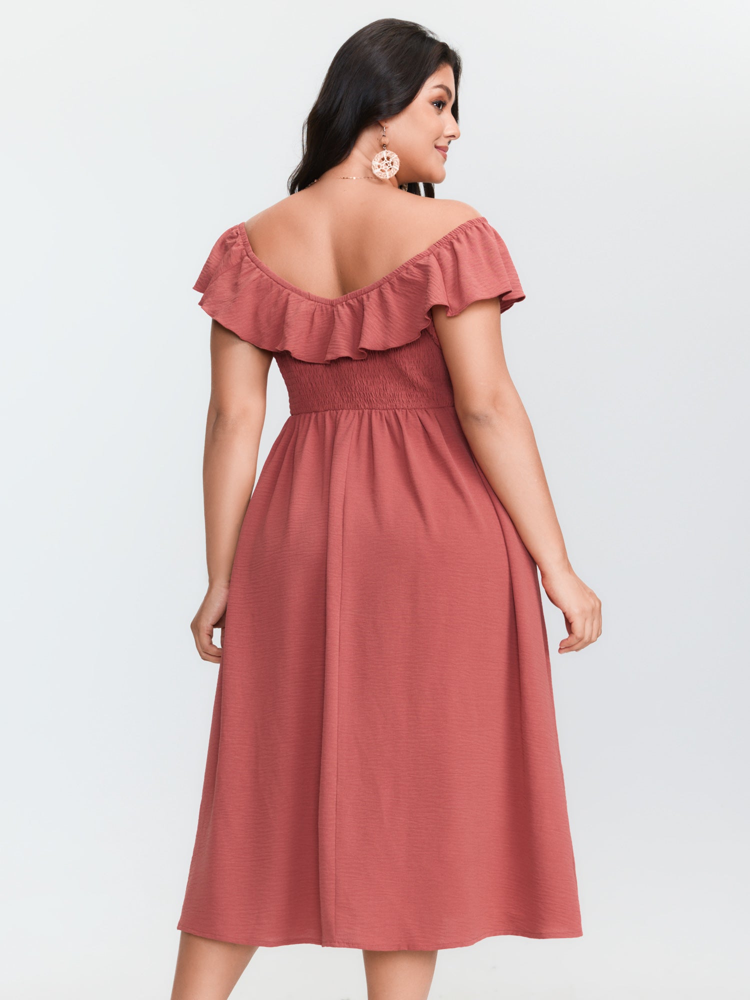 Ruffled Neckline Shirred Flowy Midi Dress