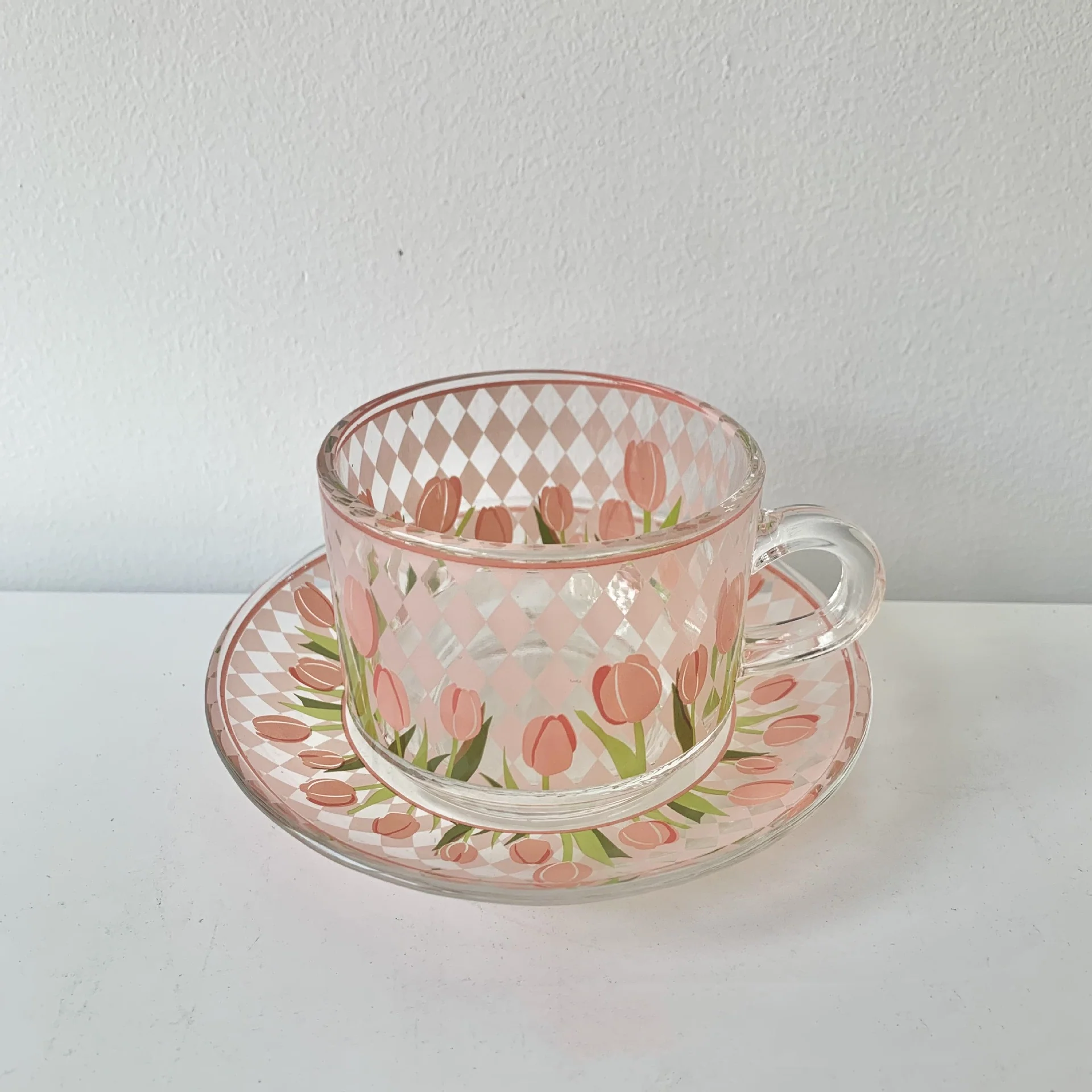 Tulips Painted on Glass Cup Saucer Set