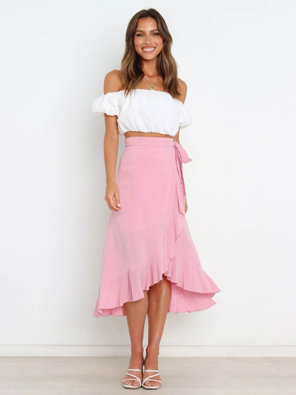 Waist Tie Solid Color Irregular Midi Flare Skirt
