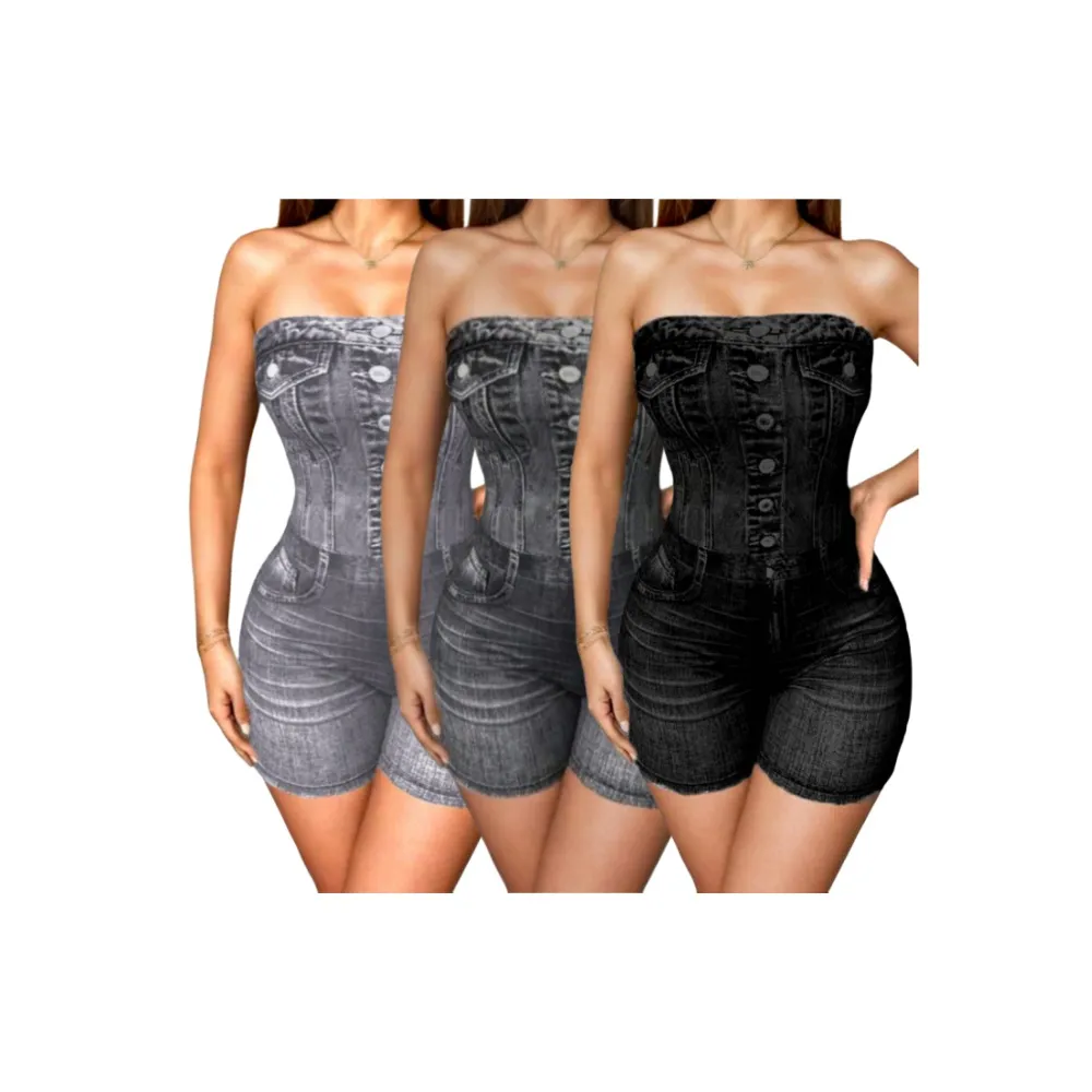 Women's Denim-effect Print Tube Romper