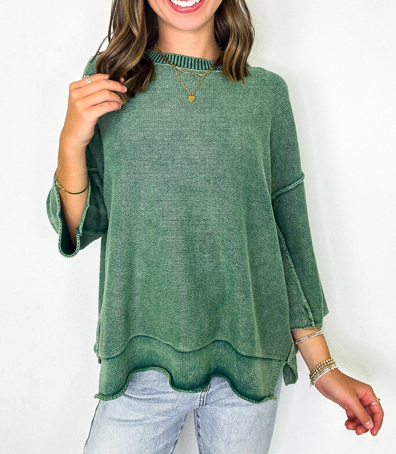 Cozy Fade Washed 3/4 Sleeve Relaxed Sweater