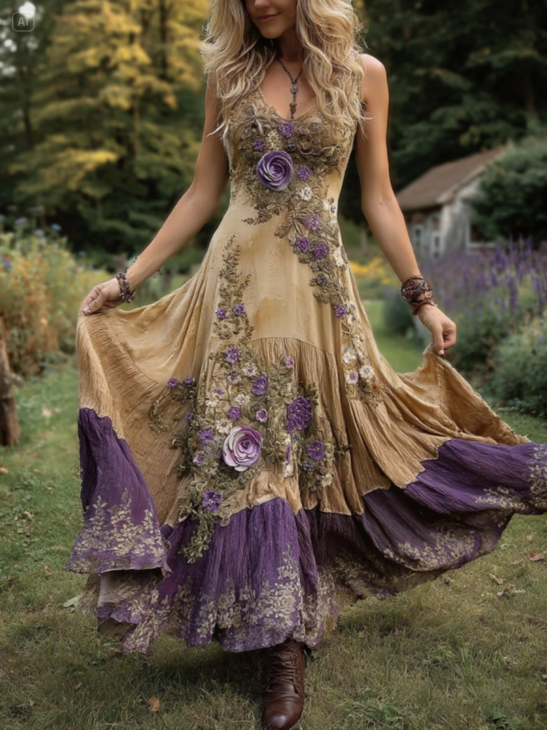 Classy Gradient Purple Lavender And Floral Embroidered Linen Maxi Dress