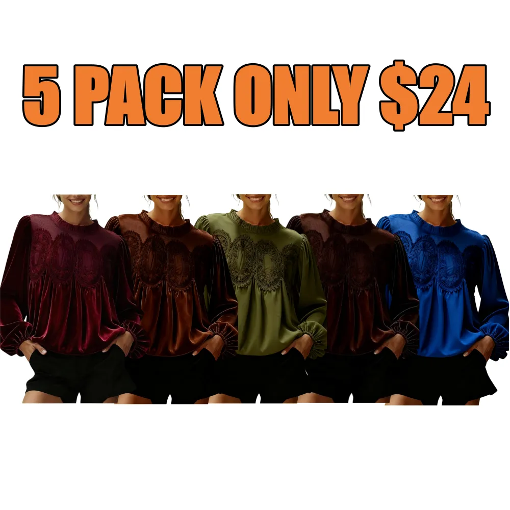 Women's Elegant Long-Sleeve Lace Velvet-Trim Swing Blouse