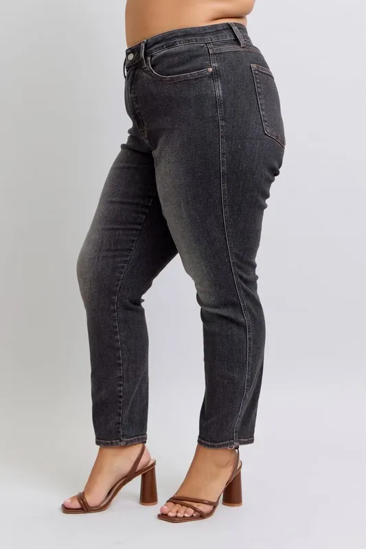 Blue Full Size Midi Rise Tummy Control Slim Jeans Plus Size
