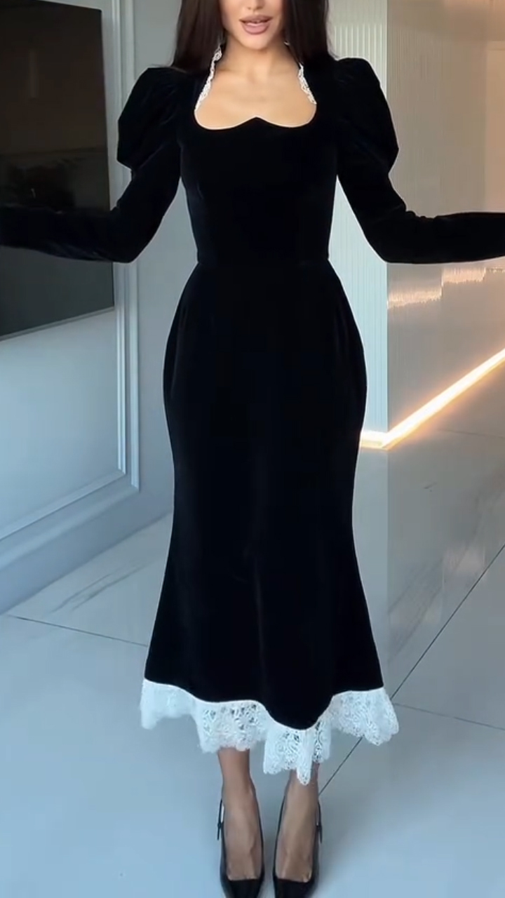 Ladies Patchwork Lace Printed Slim Fit Elegant Temperament Dress