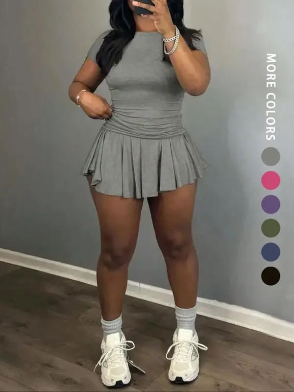 Women's Solid Color Tee & Pleated Skirt Two-Piece Set