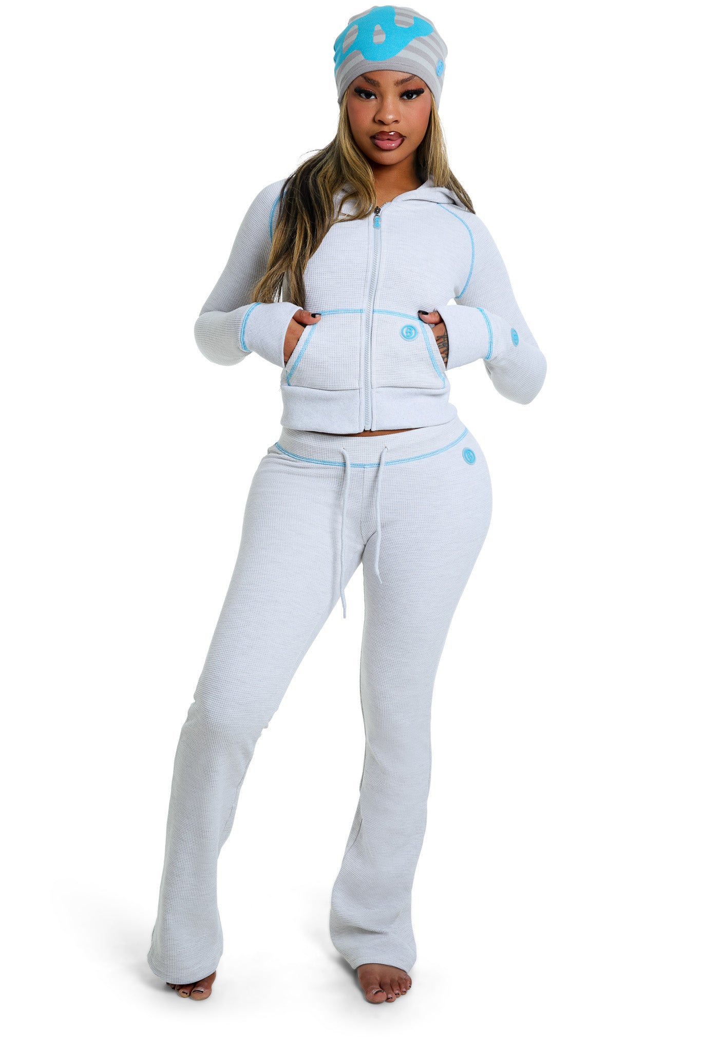 WAFFLE KNIT BOOT CUT PANTS (HEATHER GREY/TURQUOISE)