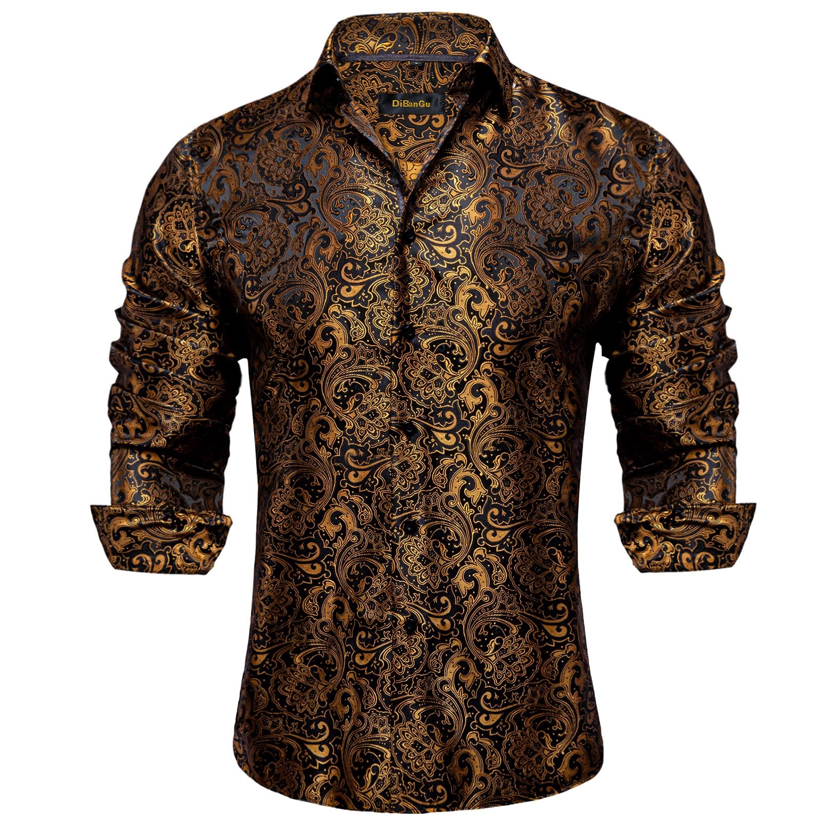 Men's Paisley Dress Shirt Long Sleeve Wrinkle Free Button Down Cowboy Shirts - Gold&black&paisley