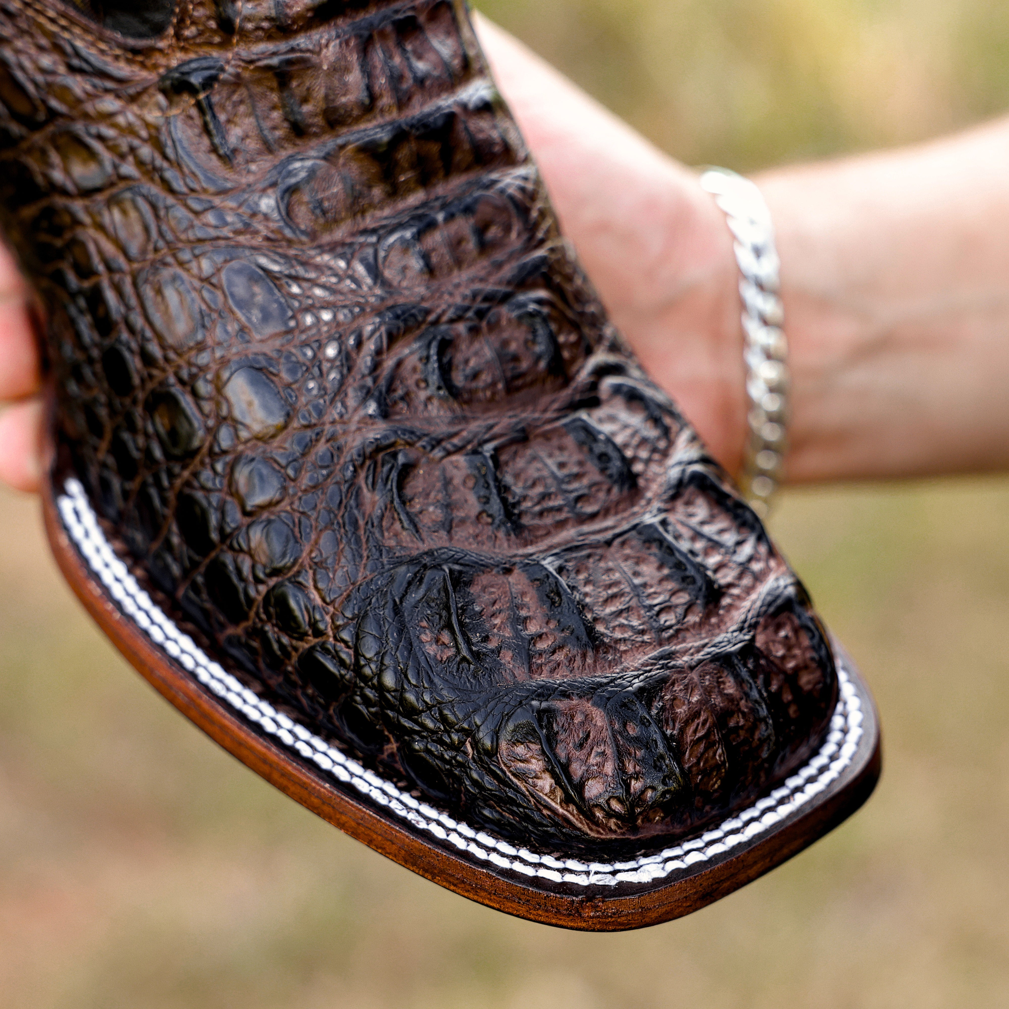 Chocolate Brown Caiman Neck Leather Boots - Square Toe