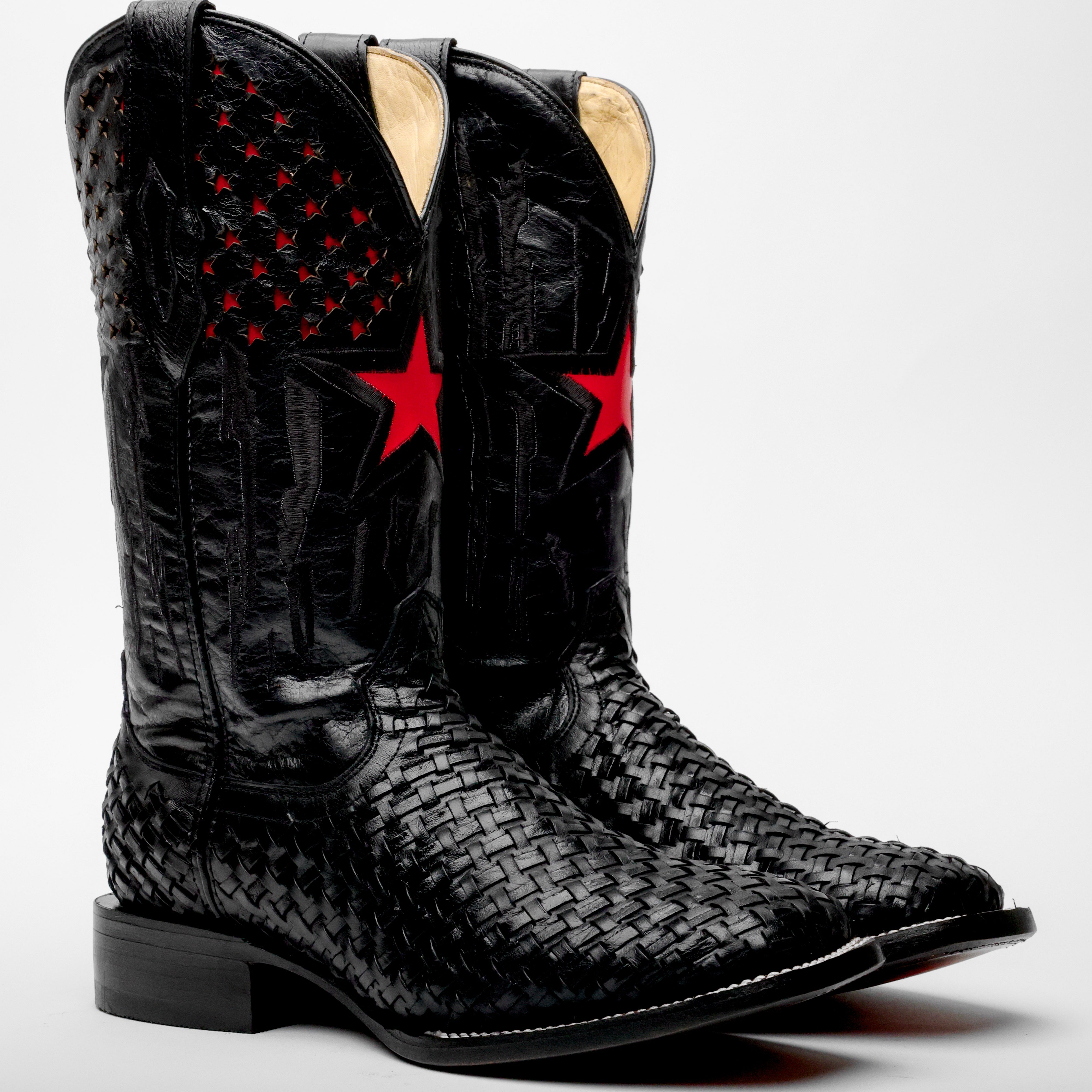 Black Basketweave Leather Boots - Square Toe