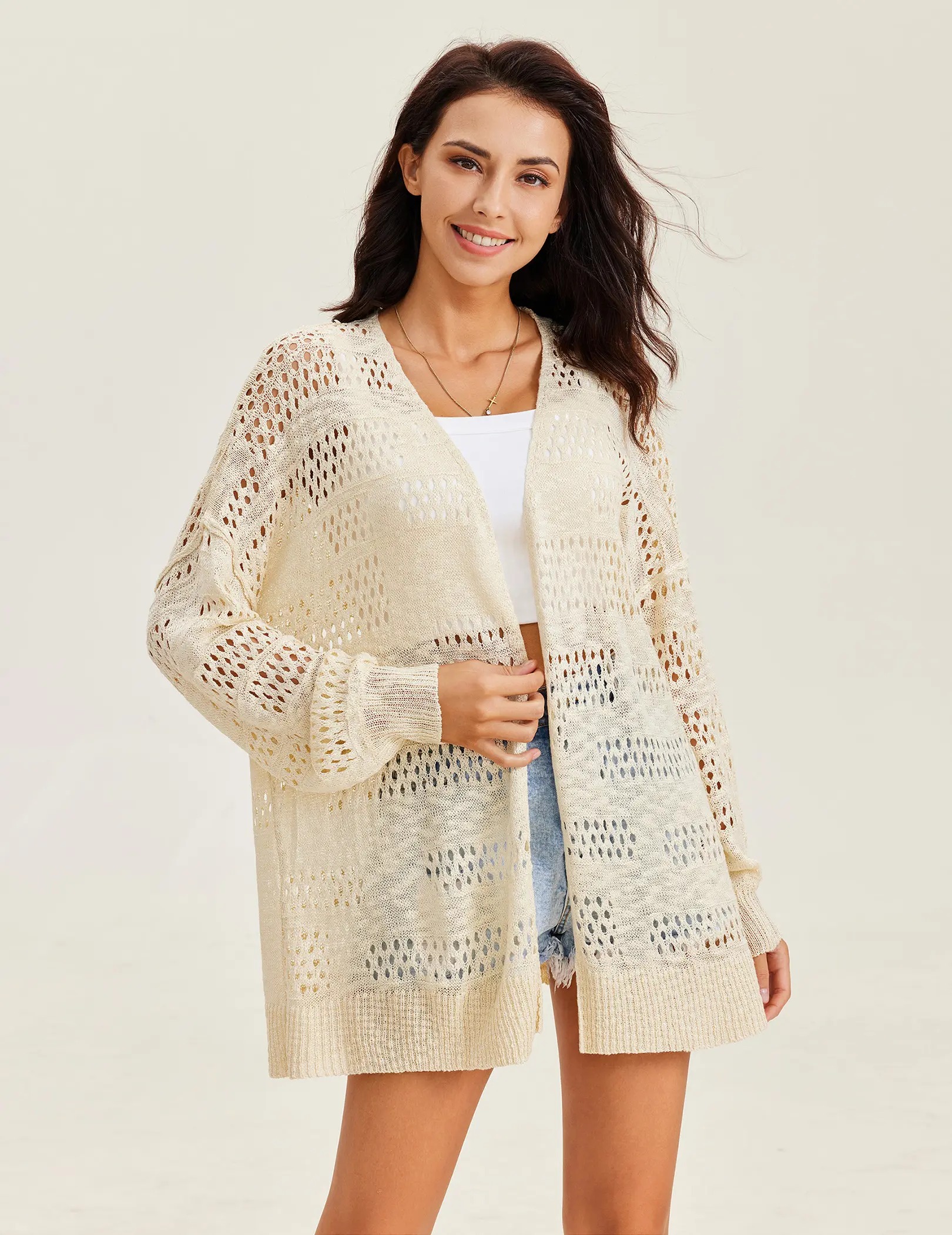 Women's Lightweight Crochet Batwing Cardigan