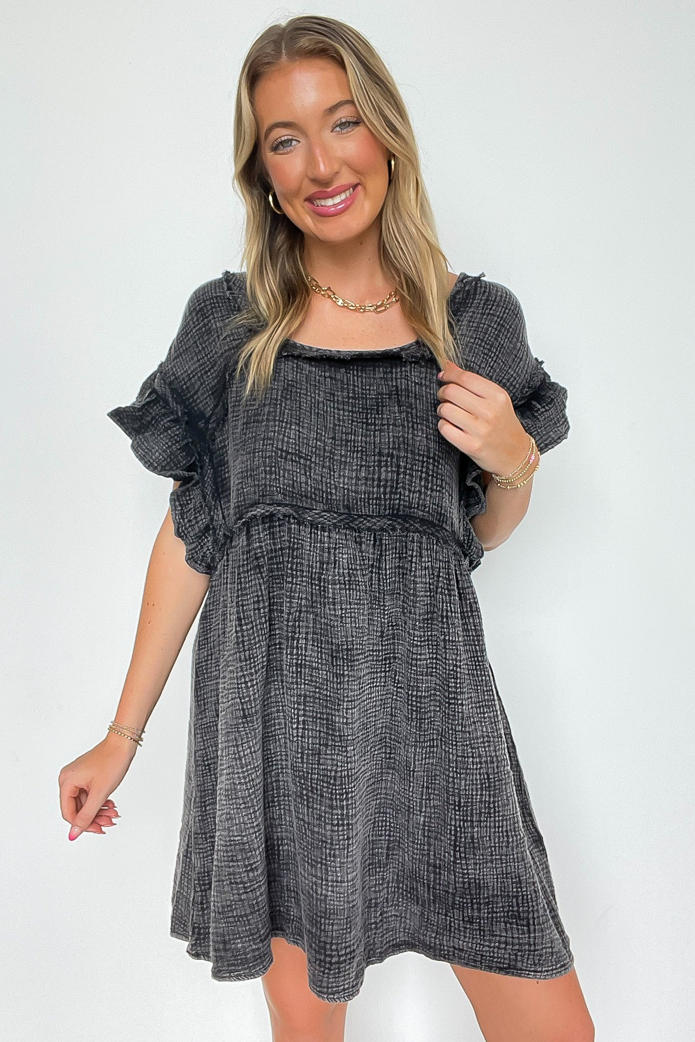 Mineral Washed Square-Neck Ruffle Sleeve Dress