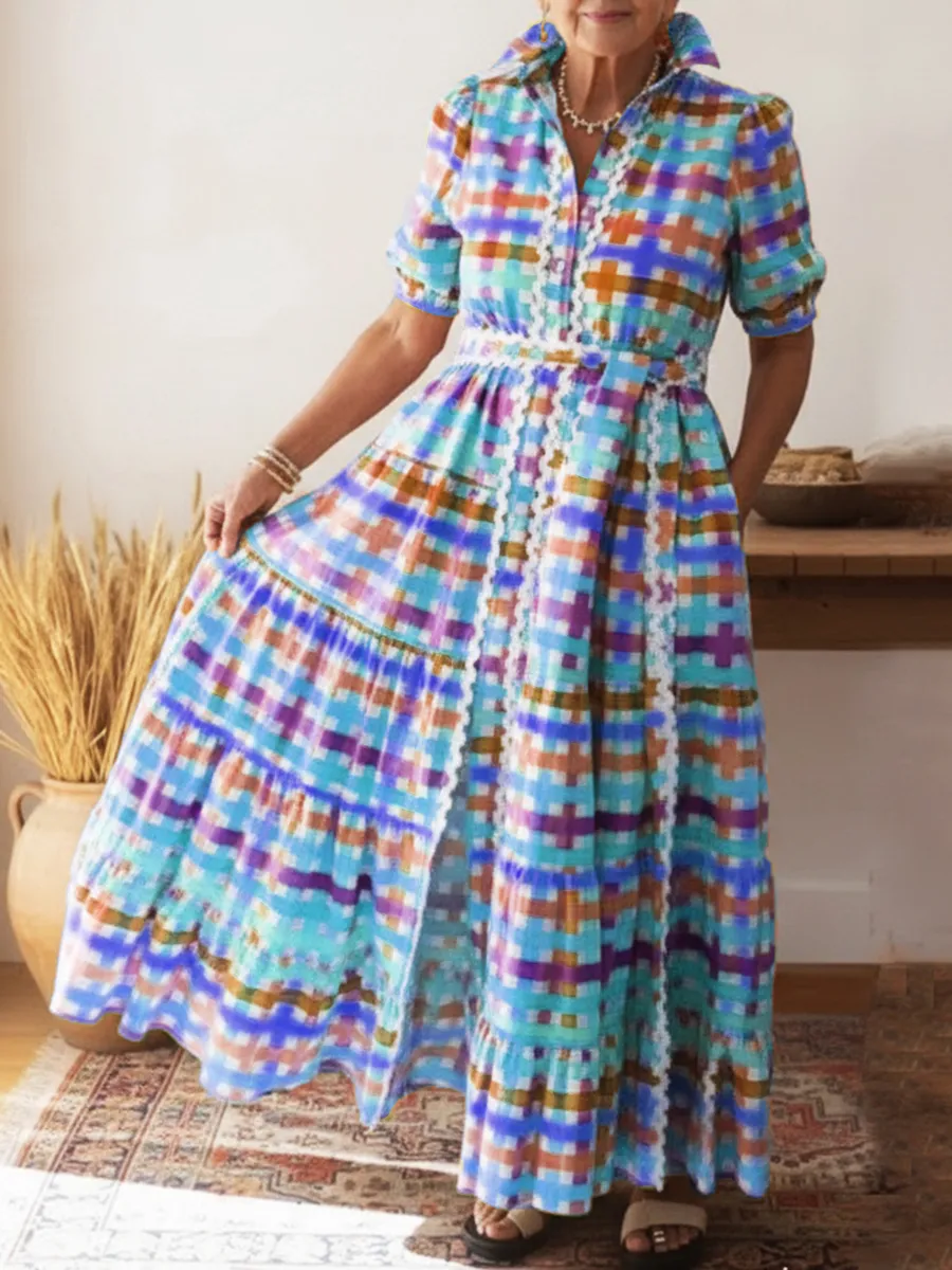 Colorful Square Art Print Collared Shirt Dress