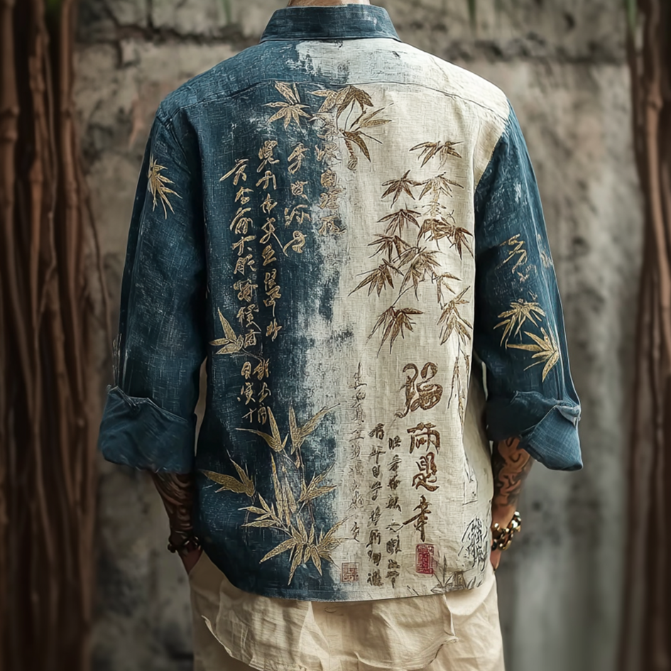 Japanese Art Retro Line Art Linen Casual Long-sleeve Shirt