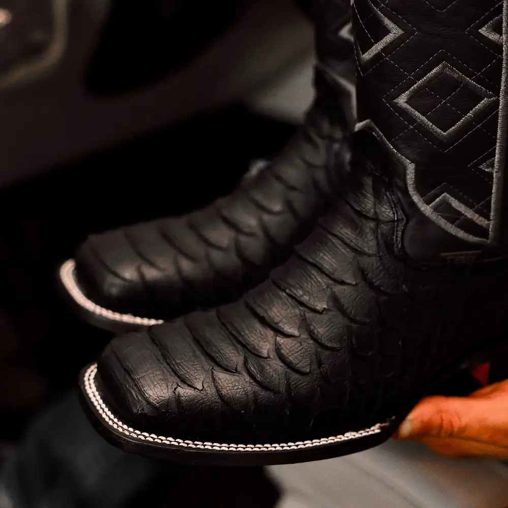 Matte Black Jumbo Python Leather Boots - Square Toe