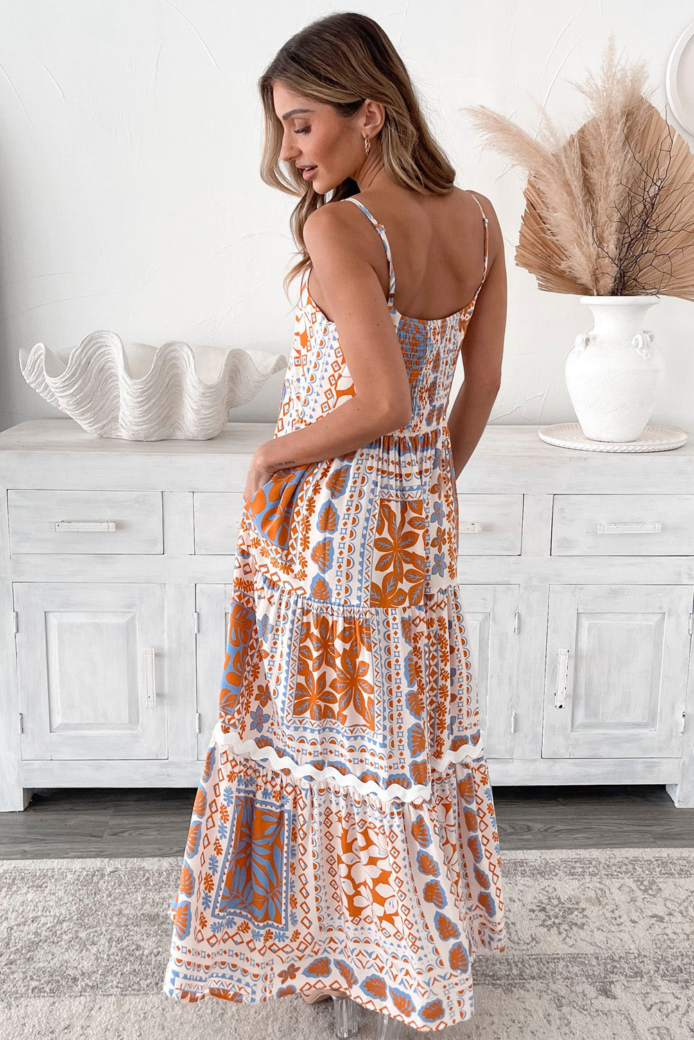 Orange Floral Print Ricrac Trim Spaghetti Straps Maxi Dress