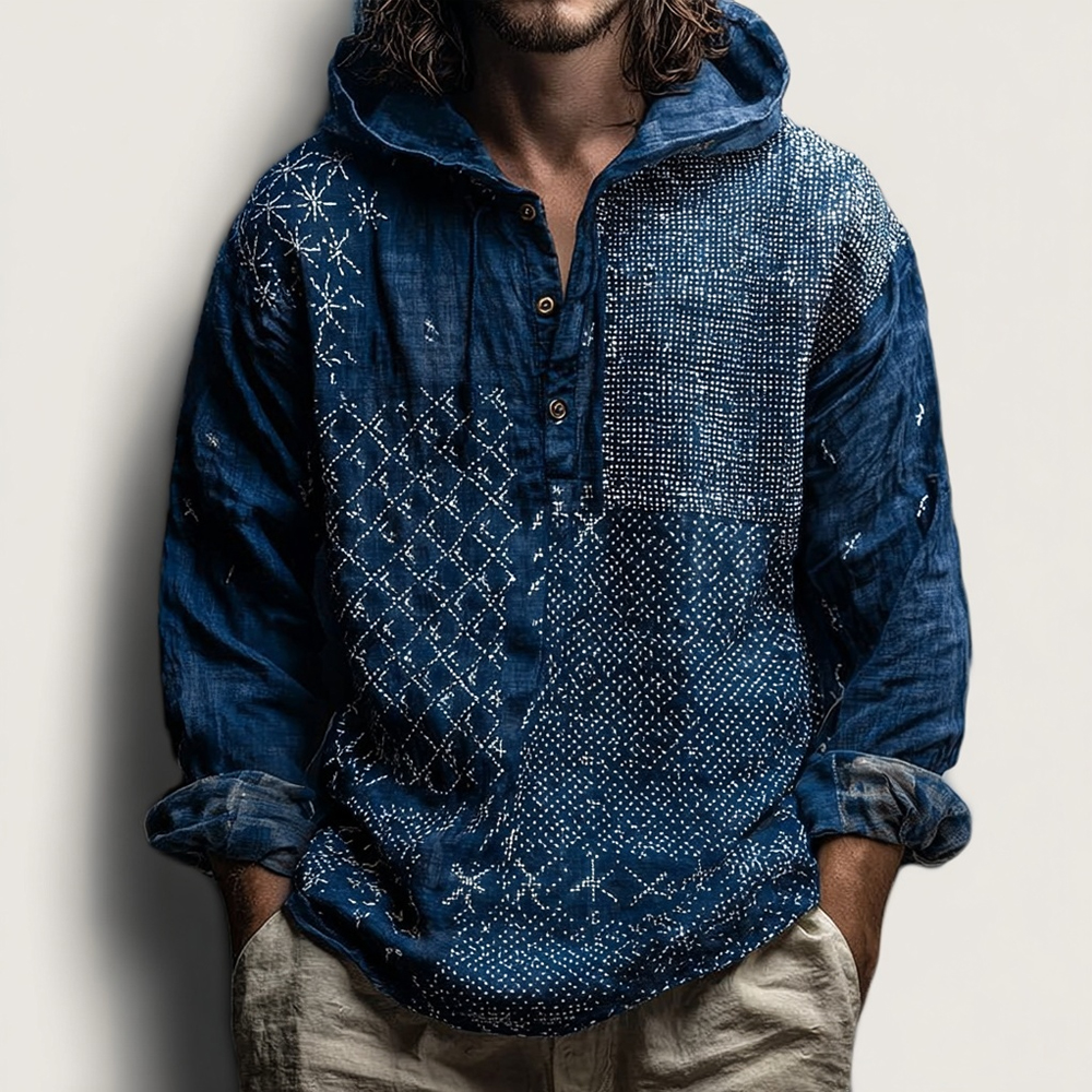 Men's Vintage Japanese Traditional Sashiko Art Linen Hooded Shirt